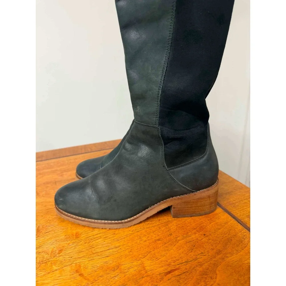 Lucky Brand Tilaree Tall Boots Dark Green Leather Stretchy Back Block Heel 8M